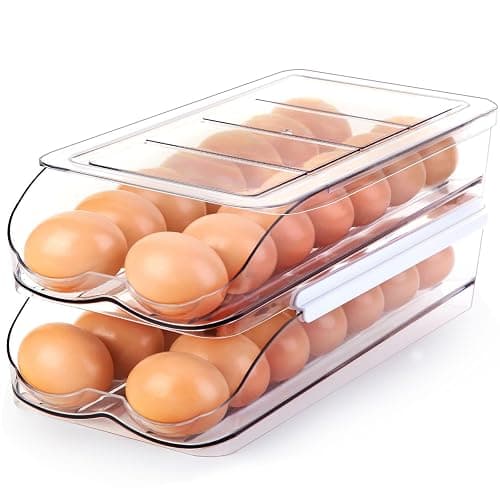 RoskDeewat Egg Holder for Fridge, Automatic Rolling Egg Container for Refrigerator, Stackable Fridge Organizers and Storage with Lid, Clear Plastic Egg Dispenser & Tray (2 Tier) - Image 1