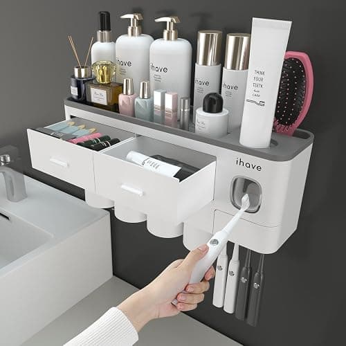 iHave Toothbrush Holders for Bathrooms, 4 Cups Toothbrush Holder Wall Mounted with Toothpaste Dispenser - Large Capacity Tray, 2 Cosmetic Drawer - Bathroom Organizer & Bathroom Accessories Set - Image 1