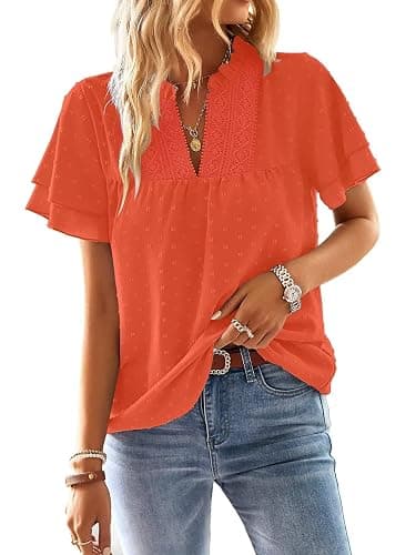 Falechay Womens Tops Boho Flowy Shirts Dressy Casual Short Sleeve Blouses | V Neck Loose Fit Blouses, Business Work, Hide Tummy, Lace Ladies Summer Outfits, Swiss Dot, Babydoll Crochet Clothes XS-6XL - Image 1