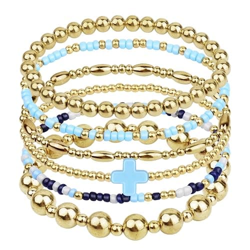 Gold Beaded Bracelets for Women: 14K Gold Bracelets for Women Trendy Dainty Gold Ball Bracelet Stack for Womens - Boho Stretch Bracelets Jewelry Sets with Cross Fashion Accessories Gifts for Women - Image 1