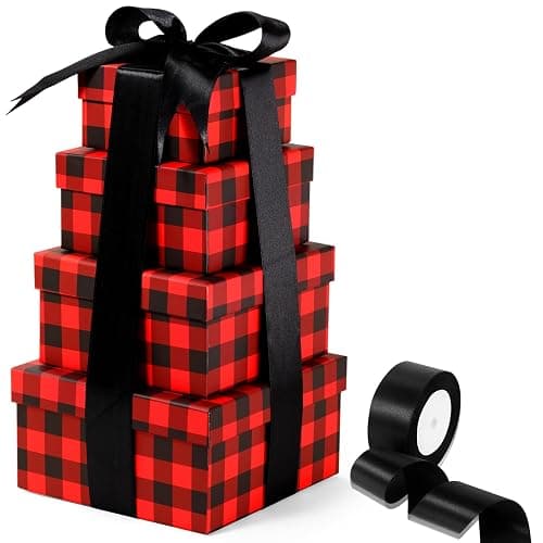 Clabby 4 pcs Christmas Nesting Boxes with Lids Square Xmas Stackable Gift Box, Assorted Sizes Decorative Nesting Boxes with Ribbon for Holiday Wedding Birthdays Present(Red and Black,Checkered) - Image 1