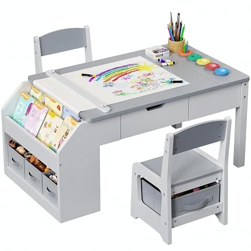 5-in-1 Kids Art Table and Chairs, Toddler Table and Chair Set, Craft Play Desk for Kids, Convertible Art Easel with Paper Roll Holder & Storage Drawers, Children Activity Learning Center-Gray - Image 1