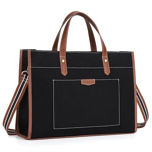 Missnine Laptop Tote Bag Canvas Laptop Bag 15.6 inch Work Shoulder Bags Casual Briefcase Handbag for Travel, Office, College (Black+Brown) - Image 1