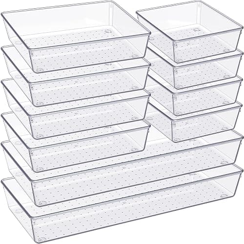 Criusia Drawer Organizer, 10 Pack Large Clear Plastic Set, 3 Size Versatile Bathroom and Vanity Organizer Trays, Storage Bins for Makeup, Bedroom, Kitchen Utensils - Image 1