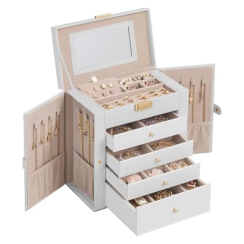 SONGMICS 5-Layer Jewelry Box Organizer with 4 Drawers, Jewelry Storage Case with Lock and Mirror, Large Storage Capacity, Gift for Loved Ones, for Necklaces, Watches, Cream White UJBC153WD01S - Image 1