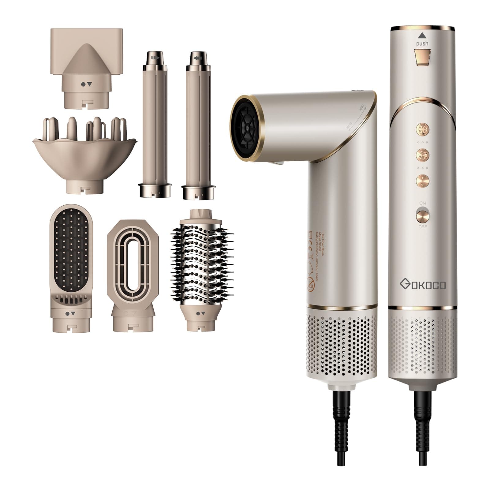 Secador de Cabello alta Velocidad 7 en 1 Kit Profesional, 120000rpm Boquillas + Cepillo + Rizador de Pelo, Tecnología Iónica Secadora de Pelo para Rizar, Voluminizar y Alisar, Oro - Image 1
