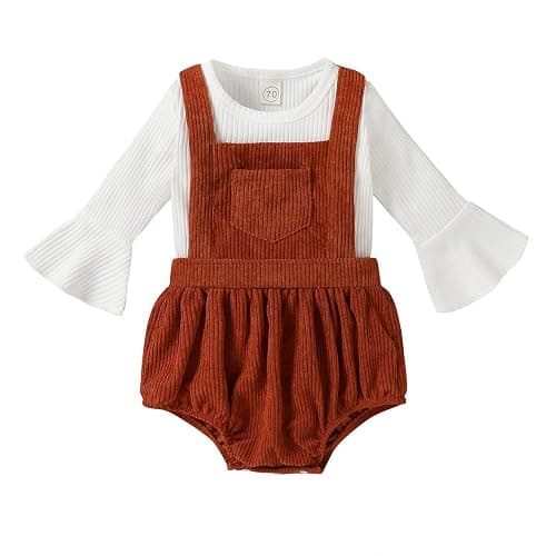 Tiny Cutey Newborn Baby Girl Clothes Bell Sleeve Romper and Corduroy Overalls Shorts Infant Girl Fall Outfits - Image 1