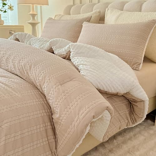 tohrisa Boho Comforter Set Queen Size Striped Pleats Bohemian Seersucker Bedding Set All Season Soft Cozy 3 Pieces Quilt with 2 Pillowcases(90"X90" Beige) - Image 1