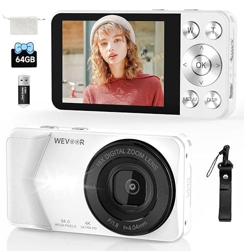 4K Digital Camera, Wevoor 64MP Point and Shoot Digital Camera with Autofocus, 18X Zoom, 20 Filters, 64GB SD Card, 2000 mAh Battery, 2.8" Screen Compact Vlogging Camera for Beginners Teens Adult(White) - Image 1