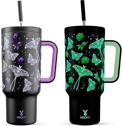 Meoky 40 oz Glow in the Dark Tumbler with Handle and Straw, Tumbler with Lid and Straw, Insulated Stainless Steel Travel Mug, 100% Leak-proof, Keeps Cold for 34 Hours (Butterfly) - Image 1