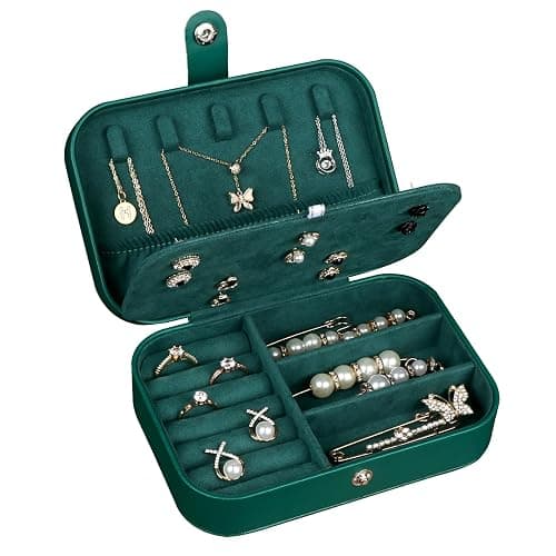Hatori Travel Jewelry Box, PU Leather Small Jewelry Organizer for Women Girls, Double Layer Portable Mini Travel Case Display Storage Holder Boxes for Stud Earrings, Rings (Ink Green) - Image 1