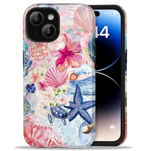 Amzfield Compatible with iPhone 14 Plus Case, Aesthetic Summer Phone Case Cute Flower Shell Turtle Sea Creature Floral Collage Girl Women, Scratch Resistant Protective Girly Case for iPhone 14 Plus - Image 1