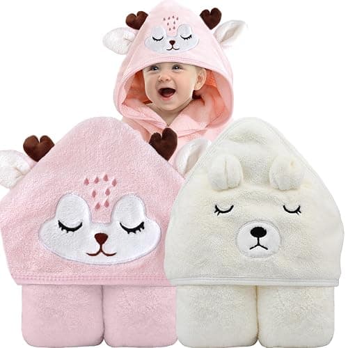 Hooded Baby Towel, Baby Towels Newborn, Baby Bath Towel with Hood, Baby Bath Towels Wrap, Blanket for Baby, Baby Beach Towel, Hooded Bath Towels for Boy and Girl, Newborn,31.5"×31.5" (White +Pink) - Image 1