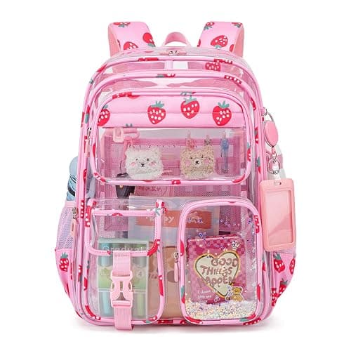 QIXIHU Clear Backpack for School,Transparent Backpack Stadium Events,Heavy Duty Clear Bookbag for Girls,Boys,Work,Sport Pink Strawberry - Image 1