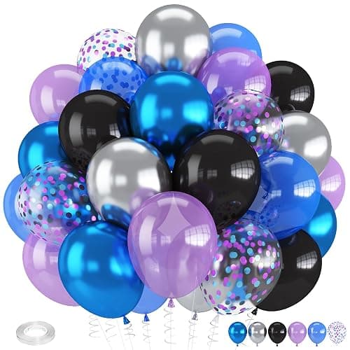Froova Black Blue and Purple Balloons, 12 Inch Metallic Blue Purple Black and Silver Confetti Balloons for Kids Boys Outer Space Astronaut Birthday Baby Shower Video Game Party Decorations - Image 1