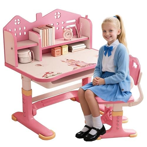 UDIYO 2025 New Updated Kids Desk and Chair Set, Height Adjustable Astronaut Pattern Children School Desk with Shelf & Large Drawers, Kids Writing Study Table for Boys Girls 3+ (Pink-1) - Image 1