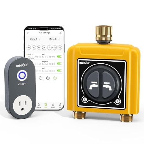 RAINPOINT WiFi Water Timer with Brass Inlet & Outlet,2 Zone WiFi Hose Timer for Lawn,WiFi Sprinkler Controller via APP/Voice Control,Automatic Watering System by Time/Weather/Quantity/Soil Moisture - Water Timer with WIFI hub - Image 1