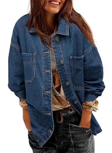 Sidefeel Women's Jean Jacket Oversized Boyfriend Button Up Long Sleeve Split Zimbaplatinum Denim Jackets - Image 1