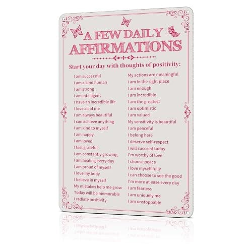 Azppan Room Decor Aesthetic A Few Daily Affirmations Motivational Wall Art Tin Metal Sign Pink Butterfly Wall Home Coffee Room Office Decor Gifts 8X12 Inches - Image 1