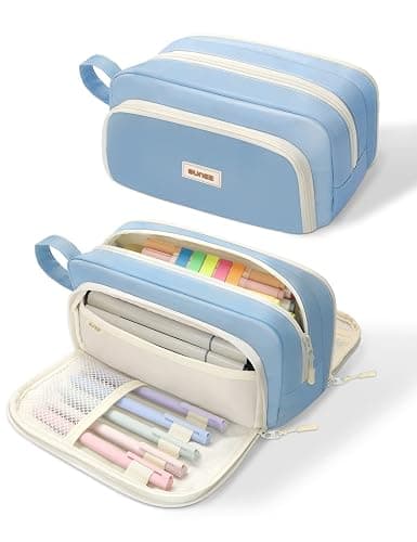 SUNEE Large Pencil Case, Big Capacity Pen Pouch with 3 Compartments, Kawaii Cute Pencil Bag with Zipper, High Storage Stationery Holder and Organizer, School Supplies for Teen and Adult Girls, Blue - Image 1