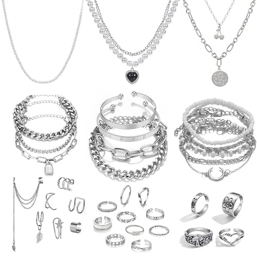 IFKM 36 PC Silver Plated Jewelry Set With 3 Necklace, 12 Bracelet, 7 Ear Cuffs Earring, 14 Knuckle Rings For Women Girls Valentine Anniversary Birthday Friendship Gift - Image 1