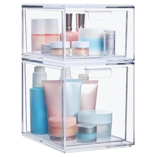 STORi Audrey Stackable Clear Bin Plastic Organizer Drawers | 2 Piece Set | Organize Cosmetics and Beauty Supplies on a Vanity | Made in USA - Image 1