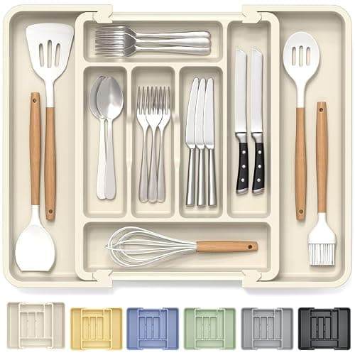 Caperci Large Silverware Organizer for Kitchen Drawer & Utensils - Expandable Drawer Organizer for Cutlery, Flatware & Gadget, BPA-Free Thick Plastic, Wider Compartments & Non-skid Feet (Tofu) - Image 1