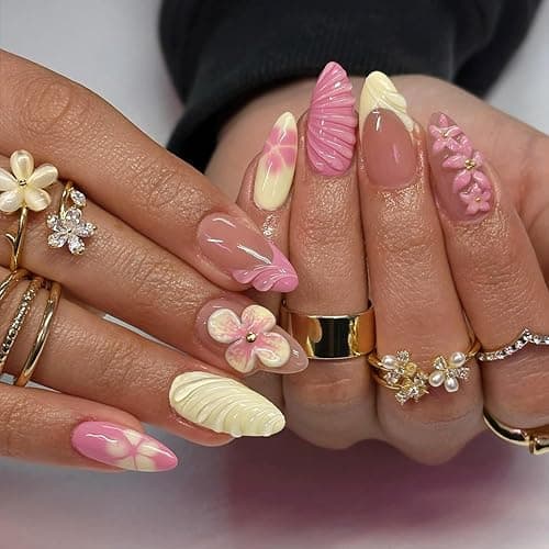 3D Handmade Press on Nails Medium Almond Fake Nails Spring & Summer French Nails Flower Press On Water Drop Designer Nails Cute Stick on Nails Wedding and Party, Daily wear Nails fro Women 24 Pcs, - Image 1
