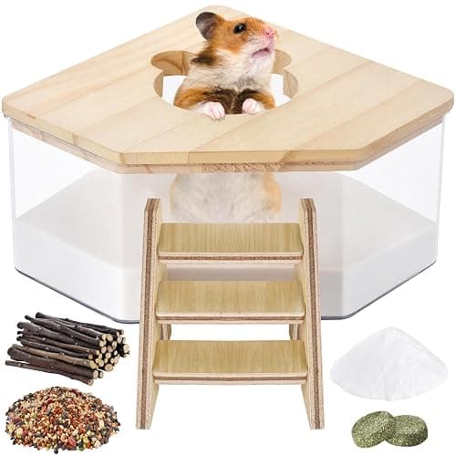 HKBZQC Hamster Sand Bath House 6Pcs, Small Pet Sand Bath Kit with Ladder, Chew Sticks, Food, Grass Cake, Bath Sand, Cage Accessories for Dwarf Syrian Hamsters Gerbils - Image 1
