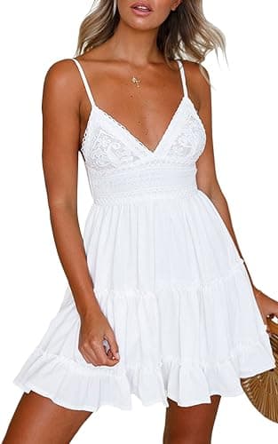 ECOWISH Summer Dresses for Women 2026 V-Neck Spaghetti Strap Bowknot Backless Sleeveless Lace Mini Swing Skater Dress - Image 1