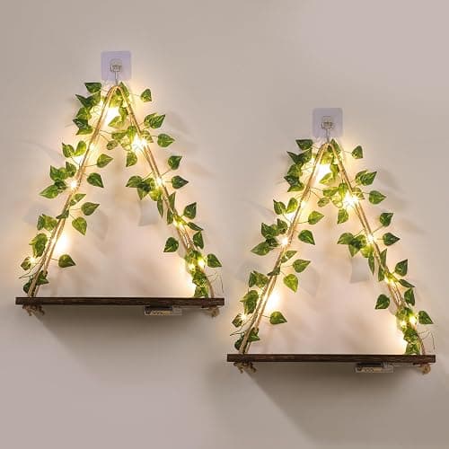 EXIN DECHEN Floating Shelves for Wall No Drilling,Wall Shelves,Hanging Shelf,Leaves and Light Strip with Flower,Set of 2 Plant Decor for Home Livingroom Bedroom,Led Room Decor Aesthetic,Gift - Image 1