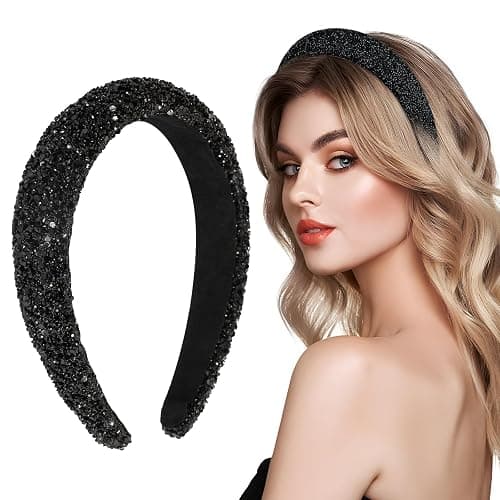 Serre-Tête Noir, Serre Tête Femme Scintillantes Bandeau Épais Rembourré pour Cheveux de Festival Femmes Filles-Noir - Image 1