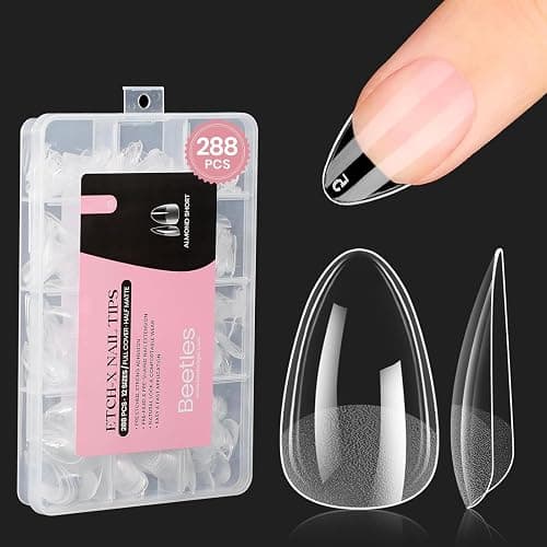 Beetles Short Almond Nail Tips: 12 Sizes 288 PCS Half Matte Full Cover Gel Tips Clear Acrylic Gel Nail Tips Almond Shape for DIY Extension - Image 1