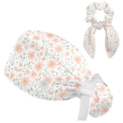 Scrub Caps Women with Button,Adjustable Surgical Caps with Ponytail Pouch,Working Cap with Bow Hair Scrunchy - Image 1