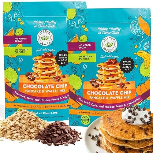 Hidden Foods Chocolate Chip Pancake and Waffle Mix 2-Pack, High in Protein & Fiber with Hidden Fruits, Vegetables & Vitamins - Thick and Fluffy made with Oats & Flaxseed – Just Add Water - Image 1