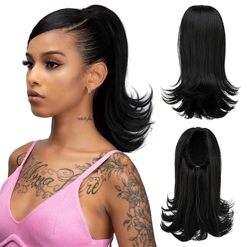 YUMOREAL Short Black Drawstring Ponytail Hair Extension for Black Women 14 Inch Straight Ponytail with End Curls Synthetic Fake Hairpieces - Image 1