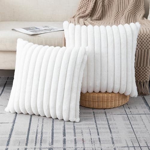 ZLINA Set of 2 Cream White Faux Fur Decorative Throw Pillow Covers Fluffy Striped Pillowcase Cushion Covers 18 x 18 Inch Decor Sofa Couch Bedroom - Image 1