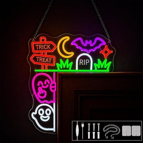 Halloween Neon Sign,Corner Ghost Decor,L-Shaped,15.7 * 12.9inch,USB Powered | Halloween Ghost Light, Hanging Sign for Window/Wall/ Door,Halloween Decorations with Bat/Moon/Cobweb, No Batteries Required - Image 1