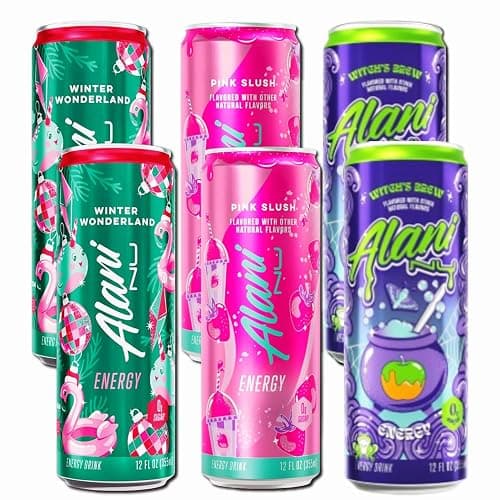 New Alani Sugar Free Energy Drinks Variety Pack, Low Calorie,12 oz (6 Pack) Witch's Brew, Pink Slush, Winter Wonderland - Image 1