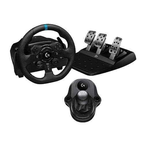 Logitech G923 Racing Wheel and Pedals, TRUEFORCE Force Feedback + Logitech G Driving Force Shifter - Real Leather, For PS5, PS4, PC, Mac - Black - Image 1