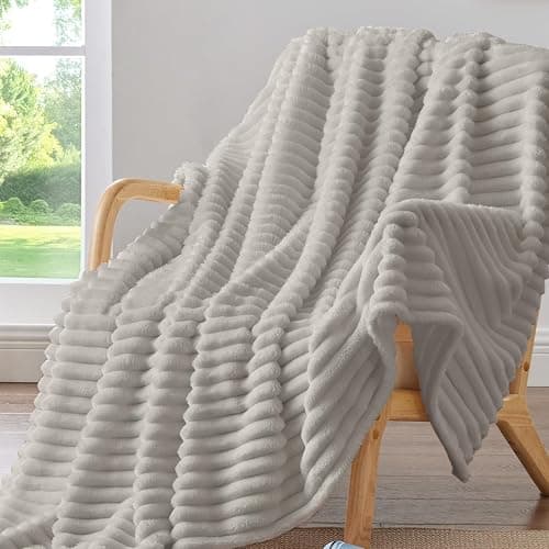 BEDELITE Fleece Throw Blanket for Couch - 300GSM Soft & Warm Fluffy Light Grey Blanket, Decorative and Giftable Striped Blankets for Women, Men, 50"x60" - Image 1