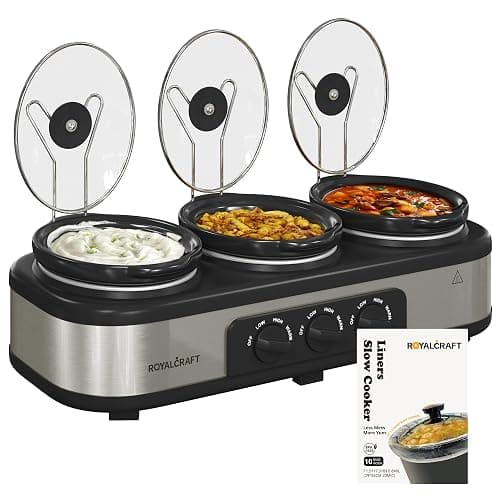 Sunvivi Slow Cooker with 10 Cooking Liners, Triple Slow Cooker Buffet Server 3 Pot Food Warmer for Parties with 3 Spoons ? Lid Rests,Adjustable Temp, 3 * 1.5 Quarts Silver - Image 1