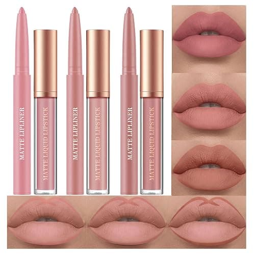BestLand 6Pcs Matte Liquid Lipstick and Lip Liner Set, Non-Stick Cup Not Fade Waterproof 24 Hour Lip Gloss Nude Brown Lip Liner Pencil for Women, labiales mate 24 horas originales (Set E) - Image 1