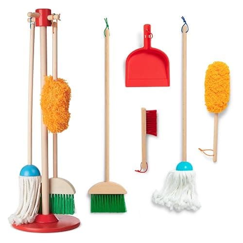 Melissa & Doug Dust Sweep Mop 6-Piece Wooden Cleaning Toy Set | 6 Pcs, Cleaning Pretend Play, Wooden Broom, Mop, Duster, Dustpan, Brush, Toy Storage Stand, Preschool Toys for Kids, Ages 3+ - Image 1