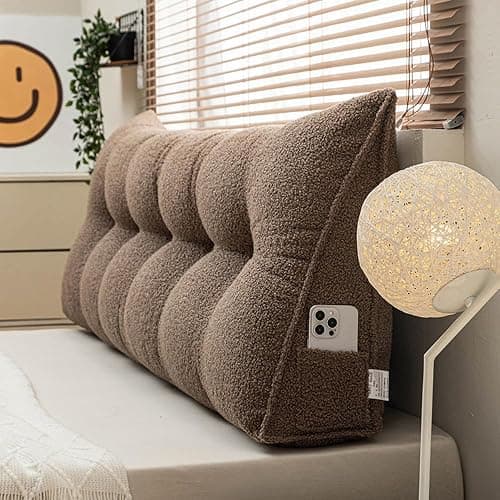 UNWAAT Bolster Headboard Pillow,Teddy Velvet Reading Pillow Detachable Cleaning Large Bolster Triangular Headboard Cushion Soft and Fluffy Daybed Pillows (Brown, Twin) - Image 1