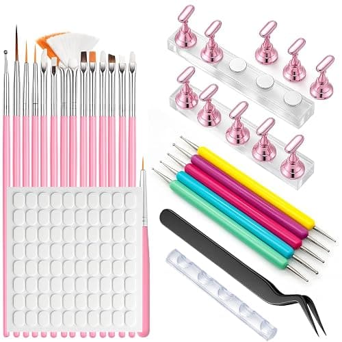 Nail Art Tools Set – 15pcs Nail Art Brushes, 5pcs Dual-Ended Dotting Pens, Nail Stand & Holder Kit, Brush Rack, Tweezers & Tape for DIY Nail Design - Image 1