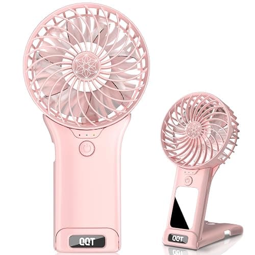 QQT Mini Handheld Fan,4 Speed Adjustable Portable Battery Operated Fans,USB Rechargeable Desk Fan with Mirror,Max 20 Hrs Hand Fan For Travel Office Outdoor Women Men (Pink) - Pink - Image 1