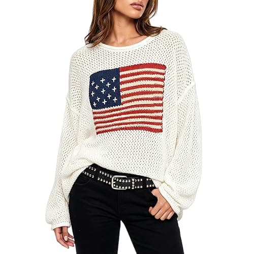 American Flag Sweater for Women Crochet Knit Long Sleeve USA Crewneck Sweatshirt Hollow Out 4th of July Sweater Tops - Image 1