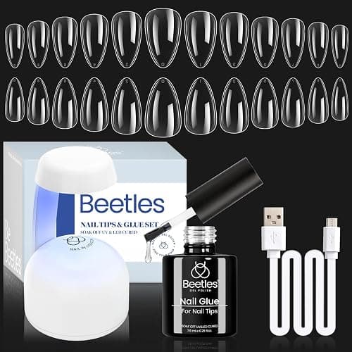 Beetles Gel Nail Kit Almond, 500Pcs Gel Nails Tip Easy Extension Set Short Almond Shape 9 In 1 Nail Glue Extension Set Uv Led Lamp Acrylic False Tips Kit DIY Nails Art Gifts for Women - 1-3-Almond Short 500Pcs (Clear Nail Tips Kit) - Image 1