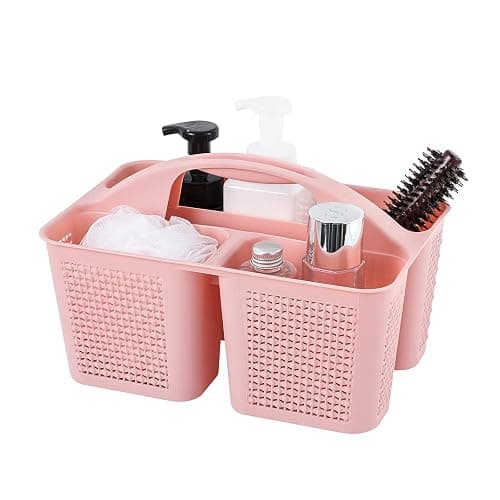 UUJOLY Plastic Portable Shower Caddy Basket Bucket, Cleaning Shower Basket with Handle Compartments Storage Basket Organizer for Bathroom Kitchen College Dorm Sink, Pink - Image 1